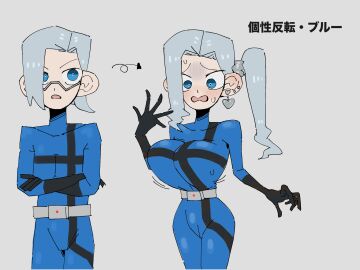 1boy 1girls big_breasts blue_(tabasuko) blue_bodysuit breasts female gender_transformation male mtf_transformation tabasuko_(artist) tagme transformation