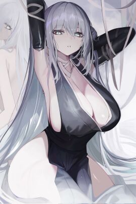 arms_up breasts cleavage curvy dress elbow_gloves female female_only grey_eyes grey_hair huge_breasts long_hair looking_at_viewer ness_(pjw0168) ninja sitting solo