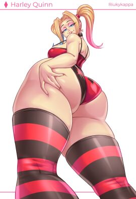 1girls 2d ass big_ass big_breasts big_butt blonde_hair blue_eyes breasts bubble_ass bubble_butt dc dc_comics english_text female grabbing_ass grabbing_own_ass harley_quinn harley_quinn_(series) riukykappa sideboob solo thick_thighs thighhighs thighs twintails viewed_from_below watermark white_background