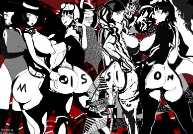 ann_takamaki ass atlus big_lips big_nipples blonde_hair blue_eyes bodypaint boots breasts brown_eyes brown_hair clothing cover_page dark_hair female fluffy_hair glasses gyaru haru_okumura hotpants huge_breasts human impossible_clothes kissing long_hair makoto_niijima monochromatic pale_skin persona persona_5 phantom_thief_suit sakura_futaba sketch tagme thick_ass thick_thighs twintails wankofool