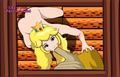 1boy 1girls :>= blonde_hair blowjob blue_eyes crown eye_contact fellatio female fringe kneeling larry_koopa light-skinned_female light_skin long_hair looking_at_viewer male mario_(series) mario_is_missing oral peach's_untold_tale petite pink_lipstick pov princess princess_peach royalty screenshot slim