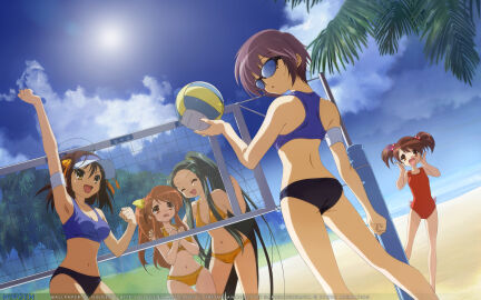 5girls ^_^ armpits asahina_mikuru ass back ball_(object) beach beach_volleyball bikini breasts closed_eyes cloud day female glasses highres ikeda_shouko kyon's_sister long_hair looking_back multiple_females multiple_girls nagato_yuki navel ocean one-piece_swimsuit outdoors photoshop_(medium) ponytail sky small_breasts sports_bra sun sunglasses suzumiya_haruhi suzumiya_haruhi_no_yuuutsu swimsuit thigh_gap tsuruya very_long_hair visor_cap volleyball volleyball_(object) volleyball_net