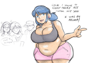 1girls 2d 2d_(artwork) adrien_agreste alya_cesaire angry background_characters bbw big_belly big_breasts blue_eyes blue_hair breasts chubby chubby_belly chubby_female dialogue donut_doodles english_text fat female female_focus freckles freckles_on_breasts freckles_on_shoulders huge_breasts large_breasts marinette_dupain-cheng miraculous:_tales_of_ladybug_and_cat_noir miraculous_ladybug nino_lahiffe obese short_shorts speech_bubble sports_bra text