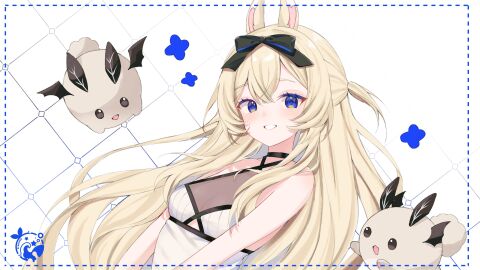 1girls :d bangs bare_arms bare_shoulders black_choker blonde_hair blue_eyes blush bow breasts bunny_ears bunny_girl choker cleavage criss-cross_halter dress eyebrows_visible_through_hair female grin hair_between_eyes hair_bow hair_ribbon horns long_hair looking_at_viewer medium_breasts parted_lips ribbon sleeveless smile solo star_(symbol) striped upper_body very_long_hair virtual_youtuber vyugen yenko