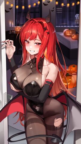 1girls 2025 4q_(lokcy516) absurd_res arm_under_breasts big_breasts blush breasts cleavage door doorway fake_tail fake_wings female female_focus goddess_of_victory:_nikke grin halloween halloween_costume hi_res highleg_leotard horns indoors jack-o'-lantern large_breasts legs_together leotard light-skinned_female light_skin long_hair long_nails long_red_hair looking_at_viewer navel night opening_door paw_pose pov pumpkin rapi_(nikke) rapi_(red_hood)_(nikke) red_eyes red_hair red_nails shift_up smile smiling_at_viewer succubus_costume succubus_horns succubus_tail succubus_wings surprise very_long_hair