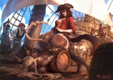 1futa 2girls ass au_ra auburn_hair bent_over big_ass big_breasts blonde_hair bottomless breasts clothed clothing dark-skinned_female dark_skin detailed_background duo_focus exhibitionism female final_fantasy final_fantasy_xiv furry futa_on_female futadom futanari huge_ass human humanoid implied_futa intersex light-skinned_futa light_skin minettexiv nude outdoors partially_clothed pirate quasart rabbit_ears restrained sex ship spanking standing tail thick_thighs thigh_boots thighhighs top-down_bottom-up tricorne wide_hips