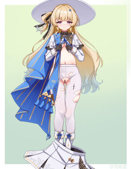 1girls absurd_res absurd_resolution absurdres ass_visible_through_thighs belly belly_button big_hat black_gloves black_ribbon blonde-haired_female blonde_hair blush blush_lines blushing_at_viewer breasts censor_bar censored censored_pussy color colored cute cute_face female female_only hair_accessory hair_ornament hair_ribbon hands_on_chest hat heart_shaped_pupils hi_res high_res high_resolution highres kuro_games large_hat light-skinned_female light_skin long_hair looking_at_viewer pantyhose partially_clothed petite petite_female phoebe_(wuthering_waves) purple_eyes pussy pussy_lips pussy_peek ripped_pantyhose rong_laoshi shoes shoes_on simple_background skirt skirt_down skirt_removed smile smiling_at_viewer solo standing standing_female stomach tacet_mark_(wuthering_waves) thigh_gap transparent_censoring tummy underboob vagina white_clothing white_hat white_pantyhose wuthering_waves