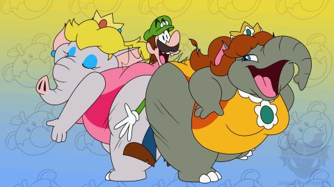 1boy 2girls 3_dog_band animated anthro anthro_on_anthro ass ass_crush bbw big_ass blonde_hair blue_overalls brown_hair clothing crown elephant elephant_daisy elephant_peach elephantid fat fat_ass fat_belly female femdom gif gigantic_ass gloves green_hat green_shirt grey_body happy hat huge_ass jougidragon jouigidragon large_ass larger_female light-skinned_male light_skin luigi male male/female mammal mario_(series) nintendo obese obese_female open_mouth orange_swimsuit overweight overweight_female pink_swimsuit princess princess_daisy princess_peach reference royalty shirt size_difference straight super_mario_bros. super_mario_bros._wonder swimsuit tail thick_ass trunk white_gloves