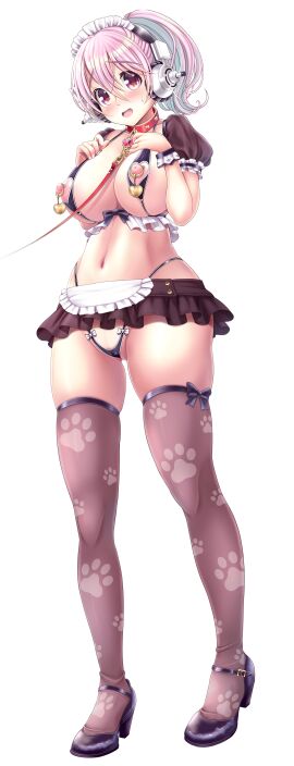 18yo absurdres animal_ears blush bondage breasts cameltoe cleft_of_venus clothing_cutout collar dog_ears fake_animal_ears feet female full_body hands_on_own_chest headphones heart heart_cutout high_heels high_ponytail highres large_breasts leash legs long_hair looking_at_viewer maid_headdress miniskirt multicolored_hair navel nipple_cutout nipple_piercing nippleless_clothes nipples nitroplus piercing ponytail pussy red_eyes skirt slave smile solo standing super_sonico teenage_girl thighhighs thighs thong transparent_background uncensored v-mag