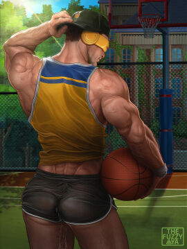1boy absurd_res ass ass_focus back back_muscles back_view backwards_baseball_cap backwards_cap bara basket basketball basketball_(ball) biceps big_ass bite_mark_on_shoulder bite_mark_on_thigh bite_marks black_shorts body_hair brown_hair clothed clothing cum cum_dripping_from_ass cum_dripping_from_shorts cum_inside cum_on_thighs cum_trail cyclops_(x-men) gay gym_shorts hairy_arms hairy_thighs hi_res highres human human_only imminent_anal imminent_sex male male_only marvel marvel_comics masculine_male muscles muscular muscular_male muscular_shoulders mutant_(marvel) offering_to_viewer outdoors outside scott_summers short_shorts shorts sleeveless_shirt solo solo_focus solo_male sunlight tank_top thefuzzyaya toned toned_body toned_male wristband x-men x-men_97 yaoi yellow_tank_top