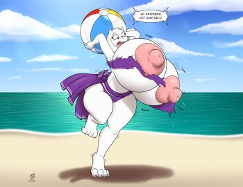 absurd_res anthro areola badgerben ball beach beach_ball big_breasts bikini blush bodily_fluids boss_monster_(undertale) bovid breasts caprine clothing english_text exclamation_point female goat hi_res horn huge_breasts hyper hyper_breasts inflatable lactating mammal milk nipples onomatopoeia open_mouth outside pink_areola pink_nipples red_eyes seaside solo sound_effects speech_bubble swimwear text thick_thighs toriel torn_clothing undertale undertale_(series) wardrobe_malfunction white_body