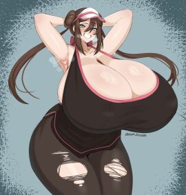 alternate_breast_size armpits arms_up breasts female gaikiken gigantic_breasts huge_breasts mei_(pokemon) pokemon pokemon_bw2 rosa_(pokemon) rozendraws