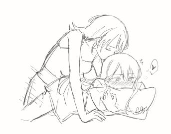 2girls bang_dream! bang_dream!_it's_mygo!!!!! blush camisole female futa_with_female futanari greyscale hair_between_eyes heart highres hugging_object intersex jenjen kissing_head mole mole_under_eye monochrome multiple_females multiple_girls pillow pillow_hug protected_link sex sex_from_behind shiina_taki simple_background spoken_heart white_background yahata_umiri