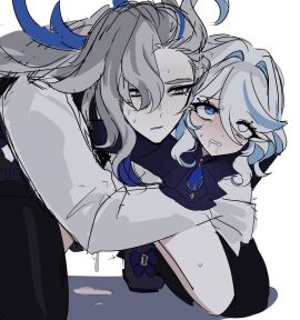 1boy 1girls ahoge anger_vein blue_eyes blue_hair blush blush_lines clothed_sex cum cum_drip cum_inside cum_on_floor doggy_style drool drool_string duo eyes_rolling_back female from_behind fucked_from_behind fucked_senseless fucked_silly furina_(genshin_impact) genshin_impact hair_over_one_eye highres hiji_(hijichan) hugging_from_behind implied_creampie implied_sex light_blue_hair male mating multicolored_hair nakadashi neuvillette_(genshin_impact) on_knees one_eye_covered pleasure_face purple_eyes silver_hair two-tone_hair white_hair