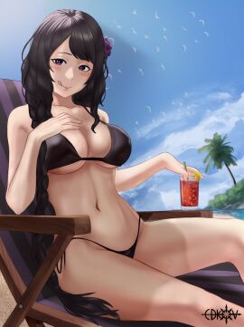 1girls :q absurdres artist_name bangs bare_shoulders beach bikini bird black_bikini black_hair black_swimsuit blue_sky blush braid braided_ponytail breasts chair cleavage closed_mouth clothing cloud collarbone cup day dot_nose drink drinking_glass drinking_straw edkov elsa_granhilte eyebrows eyelashes feet_out_of_frame female female_focus fit_female flower from_behind hair_flower hair_ornament hand_on_own_chest highres holding holding_cup inner_sideboob large_breasts licking_lips long_hair looking_at_viewer mole mole_under_eye naughty_face navel ocean original outdoors palm_tree png purple_eyes purple_flower purple_rose re:zero_kara_hajimeru_isekai_seikatsu rose sand side-tie_bikini_bottom sitting sky smile solo swimsuit table thighs toned toned_female tongue tongue_out tree underboob very_long_hair