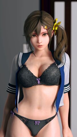 1girls 3d black_lingerie brown_eyes brown_hair dead_or_alive doarequest159 female female_only lingerie midriff misaki_(doa) nexus-4_(artist) pout school_uniform seductive seductive_look solo teasing undressing