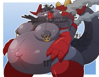 aircraft_carrier anchor_nipple_piercing anthro areola belly belly_blush big_belly big_breasts blush breasts digital_media_(artwork) ear_piercing female grey_body hage hair hi_res huge_belly huge_breasts huge_thighs hyper hyper_belly living_machine living_ship living_vehicle living_watercraft machine markings multicolored_body navel nipple_piercing nipples nude open_mouth outie_navel piercing pregnant pregnant_anthro pregnant_female pseudo_clothing red_body ryu_(hage) ship shipmorph simple_background solo tail thick_thighs vehicle watercraft wide_hips
