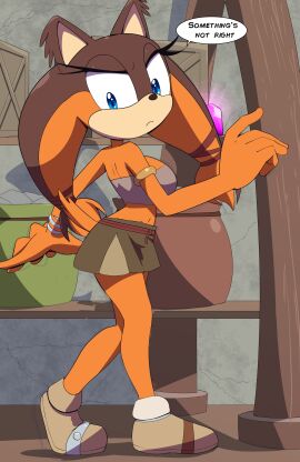 2d 2d_(artwork) 2d_artwork big_breasts blue_eyes breast_expansion breast_growth breast_growth_(enlargement) breasts breasts_bigger_than_head clothed clothing english_text female gem half-closed_eyes kojiro-brushard large_breasts linegutter sega sonic_(series) sonic_boom sonic_the_hedgehog_(series) speech_bubble sticks_the_badger sticks_the_jungle_badger sticks_the_tejon thin_waist