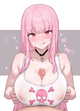 1boy 1girls alternate_version_available bluefield breasts cum cum_on_breasts cum_on_face cum_on_hair english_text female hi_res hololive hololive_english hololive_myth huge_breasts light-skinned_female light_skin long_hair male male_pov mori_calliope paizuri pink_eyes pink_hair pov titjob uncensored virtual_youtuber vtuber