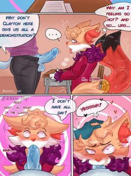 anthro arlo_(horny_imp) balls black_eyebrows black_tail_tip blue_body blue_eyes blue_fur bodily_fluids book bow_tie classroom clothing comic comic_panel deepthroat delphox dialogue dipstick_tail drooling duo eeveelution english_text eyebrows eyewear fellatio fluffy fluffy_ears fluffy_hair fur gay generation_4_pokemon generation_6_pokemon genitals giver_pov glaceon glasses hair heart-shaped_pupils heart_nose heart_symbol hi_res horny_imp hypnosis hypnosis_fetish hypnotic_eyes inner_ear_fluff male male/male markings mind_control nintendo oral oral_penetration orange_body orange_fur orange_inner_ear_fluff orange_tail penetration penile penis pokemon pokemon_(species) professor saliva school sex speech_bubble student tail tail_markings teacher teacher_and_student text tongue tongue_out tuft vein veiny_penis