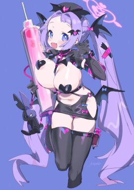 1girls areola_slip black_heart_pasties black_pasties blue_archive breasts claw_pose cute cute_fang demon female gloves halloween halloween_costume hanae_(blue_archive) heart_pasties holding_object large_breasts light-skinned_female light_skin navel nemo_(leafnight) nurse pasties plushie remedial_knights_(blue_archive) signature smile succubus succubus_outfit syringe trinity_general_school_student twintails