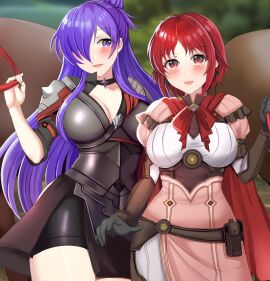 2024 2girls absurdres alternate_costume alternate_hairstyle armor asymmetrical_clothes breasts cape choker cleavage female female_only fire_emblem fire_emblem:_three_houses fire_emblem_warriors:_three_hopes hair_bun hair_over_one_eye highres horse large_breasts light-skinned_female light_skin long_hair medium_breasts monica_von_ochs multiple_females multiple_girls nintendo official_alternate_costume official_alternate_hairstyle open_mouth purple_eyes purple_hair red_eyes red_hair shez_(fire_emblem) shez_(fire_emblem)_(female) short_hair single_hair_bun tara_(szzj7733)