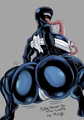 alien alien_humanoid artist_request ass ass_bigger_than_head ass_bigger_than_torso big_ass big_breasts big_butt bodily_fluids breasts bubble_ass bubble_butt crouching emblem female genitals humanoid long_tongue looking_back marvel marvel_comics meilewds nipples open_mouth pussy saliva she-venom smile solo symbiote tongue tongue_out venom_(marvel)
