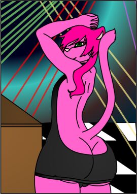 2018 animal_genitalia anthro ass balls black_clothing black_dress checkered checkered_floor clothed clothing crossdressing digital_media_(artwork) domestic_cat dress equine_balls equine_genitalia felid feline felis femboy fur genitals girly green_eyes hair hands_above_head ineffective_clothing inside laser male mammal meme meme_clothing nightclub pink_body pink_fur pink_hair pinkie.lovesu pinkie.lovesu_(artist) pose smile solo sweater tail topwear virgin_killer_sweater