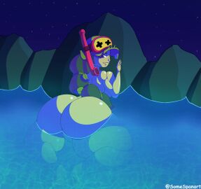 1girls alli_(brawl_stars) ass big_ass big_breasts brawl_stars breasts female green_hair night partially_submerged purple_eyes somespanart