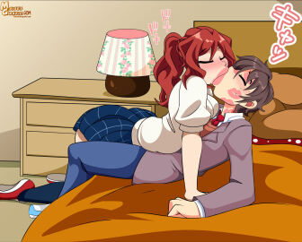1boy anzu_hoshino artist_logo artist_name brown_hair crossover_pairing crossover_shipping doki_doki_literature_club female female_on_top hi_res kiss_mark kissing lipstick_mark male mc_(doki_doki_literature_club!) moisesgrafic red_hair romantic_killer url