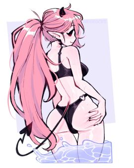 ass ass_focus big_ass blush demon grabbing heart horns june_(megrocks) looking_back megrocks oc orange_hair ponytail succubus swimsuit tail