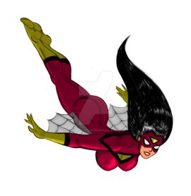 ass ass_focus black_hair female flying gloves jessica_drew johnnyharadrim large_ass marvel marvel_comics mask red_suit spider-woman superhero_costume superheroine white_background
