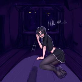 1girls all_fours black_hair black_legwear clothed doomer_girl feet female glasses goth goth_girl hypermorphism_(artist) imminent_sex makeup male midriff_peek on_all_fours pantyhose penis penis_shadow punk_girl short_hair skirt thighs