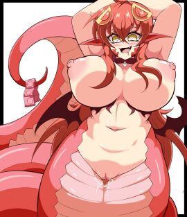 1girls absurd_res accessory apode areola big_breasts bodily_fluids breasts collar condom draconcopode drooling eyelashes fake_wings fangs female genital_fluids genitals hair hair_accessory hands_behind_head heart_eyes heart_symbol hi_res huge_breasts humanoid humanoid_pointy_ears lamia legless little_pengo long_hair miia_(monster_musume) monster_girl monster_girl_(genre) monster_musume monster_musume_no_iru_nichijou naga navel nipples nude open_mouth open_smile pink_areola pink_body pink_nipples pink_scales pussy red_hair reptile saliva scales scalie serpentine sexual_barrier_device simple_background smile snake solo split_form tan_body tan_scales teeth vaginal_fluids white_background wide_hips yellow_eyes