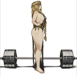 2d_animation animated ass blonde_hair breasts cleavage clothing elden_ring feet funny large_ass large_breasts meme miao_jiangyou queen_marika_the_eternal sideboob simple_background sound sound_effects thick_thighs thighs video weightlifting weights white_background
