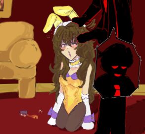 1boy 1girls blue_eyes blueycapsules bodysuit brown_hair brunette_hair bunny_ears bunnysuit clothed drunk drunk_bubble female five_nights_at_freddy's fnaf genderswap genderswap_(mtf) gloves long_hair maid_headdress male pills playboy_bunny red_room ruffles rule_63 shadow shadow_creature shot_glass spiral_eyes spring_bonnie spring_bonnie_(fnaf) straight the_ceo_(blueycapsules) thights whiskey william_afton william_j_afton williamjaftonfucker