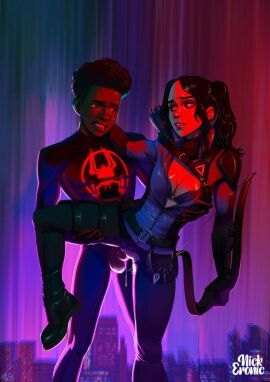 2d adult_and_teenager age_difference big_breasts big_penis breasts clothed_sex color crossover crossover_pairing cum cum_in_pussy dark-skinned_male dark_skin female illustration kate_bishop leg_lift light-skinned_female light_skin lustful_gaze male male/female marvel marvel_comics miles_morales nickeronic penis ponytail pussy spider-man:_across_the_spider-verse spider-man:_into_the_spider-verse spider-man_(miles_morales) spider-man_(series) standing_sex straight superhero superhero_costume superheroine vaginal_penetration