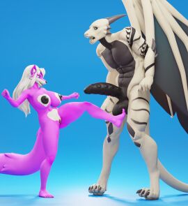 3d_(artwork) anthro areola ballbusting balls biped black_penis canid canine cock_and_ball_torture cock_and_balls_torture connivingrat digital_media_(artwork) dominant dominant_female dragon duo female fox genital_torture genitals hair half-erect kicking_balls long_hair male male/female mammal multicolored_body mythological_creature mythological_scalie mythology npples nude penis pink_body pussy rithe scalie simple_background standing white_hair yuni_hermit