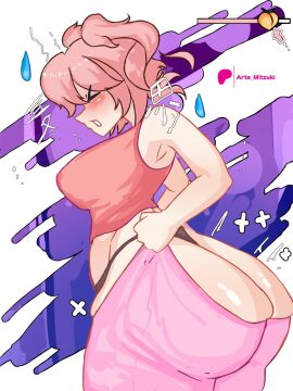 1girls artemitzuki_(artist) ass blush bubble_butt doki_doki_literature_club female frustrated huge_ass natsuki_(doki_doki_literature_club) pink_hair wardrobe_malfunction