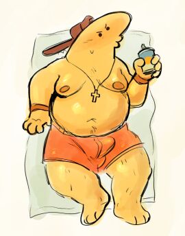 adult_swim annoyed annoyed_expression backwards_hat blush boner boner_under_clothes bulge bulge_through_clothing charlie_(smiling_friends) charlie_dompler chubby_male fat_male hat lying_on_back male male_only necklace rancid430 shorts smiling_friends solo_male yellow_body