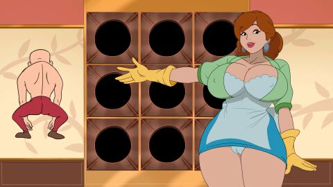 animated apron big_breasts breasts brown_hair discreenvision female gif housemilf_arcade inusen milf tagme