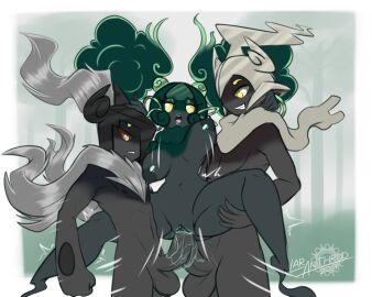 1girls 2019 2boys abs anthro anthro_penetrated anthro_penetrating anthro_penetrating_female areola artist_name balls belly big_hair black_body bouncing_breasts breasts camiell_(latiar) celes_(celes_the_whim) clenched_teeth digital_media_(artwork) double_penetration english_text eyeshadow featureless_feet feet female female_penetrated fist generation_5_pokemon generation_7_pokemon genitals green_areola green_eyeshadow green_hair green_lipstick green_nipples grey_body group group_sex latiar legendary_pokemon lips lipstick looking_at_another looking_pleasured makeup male male_penetrating marax_(latiar) marshadow motion_lines nintendo nipples open_mouth open_smile penetration penile penile_penetration penis plant pokemon pokemon_(species) pseudo_hair pussy red_sclera ring sex simple_background smile teeth text threesome tongue tree trio vaginal_penetration whimsicott white_sclera white_text yellow_eyes