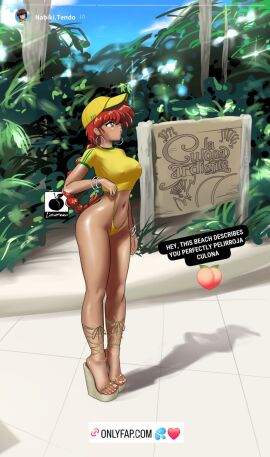 1girls alternate_skin_color anklet bangle bare_legs baseball_cap beach blue_eyes braided_hair braided_ponytail brand_name_imitation brazil breasts covered_nipples crop_top cropped_shirt dark-skinned_female dark_skin day earrings english_text female high_heels highleg highleg_panties hoop_earrings instagram legs linkartoon long_hair long_legs medium_breasts nabiki_tendo onlyfans panty_lift platform_footwear ranma-chan ranma_1/2 ranma_saotome red_hair solo spanish_text summer tan_body tan_skin taut_clothes toenail_polish translated very_high_heels wedge_heels white_toenails yellow_panties yellow_shirt