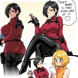 1boy 2girls ? ada_wong ashley_graham ass black-haired_female black_gloves black_hair black_thighhighs blonde-haired_female blonde_hair blue_eyes blush boots breasts brown-haired_male brown_hair dress english_text female gloves grin gun heart high_heel_boots high_heels highres holding holding_gun holding_weapon large_breasts leon_scott_kennedy lewdamone lips male multiple_females multiple_girls multiple_views nosebleed orange_shirt pantyhose pouch resident_evil resident_evil_4 resident_evil_4_remake shirt short_hair sleeveless sleeveless_turtleneck smile smug speech_bubble sweater sweater_dress thigh_boots thigh_pouch thighhighs thighhighs_over_pantyhose turtleneck weapon