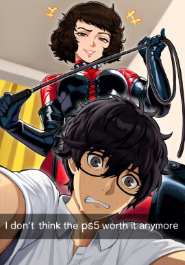 1boy 1girls black_eyes black_hair bodysuit brown_eyes brown_hair collar corset dominatrix female femdom funny glasses gloves humor it_should_have_been_me_not_him latex male malesub meme neggoartz nervous persona persona_5 playstation ps5 regret ren_amamiya rubber sadayo_kawakami short_hair smile smirk snapchat sweat text whip worried you_gonna_get_raped