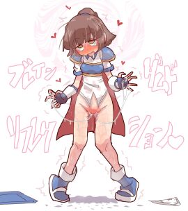 ahe_gao arle_nadja armor blue_armor blue_boots blunt_bangs blush boots bottomless brown_eyes brown_hair cape female female_masturbation fingerless_gloves full-face_blush giga.linda gloves high_ponytail highres masturbation mind_control nose_blush panties pointing pointing_at_viewer ponytail pussy pussy_juice pussy_juice_puddle puyo_puyo red_cape sega spread_pussy standing standing_masturbation tears underwear white_background white_panties
