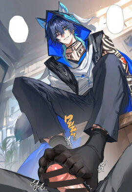 2boys black_hair clothed foot_fetish footjob footjob_with_legwear gay genshin_impact male male/male male_only ororon_(genshin_impact) socks tagme yaoi