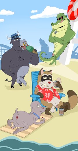 absurd_res alligator alligatorid anthro anus balls beach beach_chair beach_towel bottomless bovid bovine bull_(robot_dreams) canid canine canis cattle circumcised clothed clothing crocodilian dog_(robot_dreams) domestic_dog enookie eyewear facial_piercing flaccid foreskin gay genitals hi_res humanoid_genitalia humanoid_penis licking licking_lips lifeguard male mammal navel nipples nose_piercing nose_ring outside partially_retracted_foreskin penis piercing procyonid raccoon rascal_(robot_dreams) reptile retracted_foreskin ring_piercing robot_dreams scalie septum_piercing septum_ring sunglasses tongue towel uncircumcised unretracted_foreskin