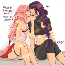 2girls braid braided_hair earrings female fox_ears genshin_impact hoyoverse kissing kitsune legs long_hair multiple_females multiple_girls pink_hair purple_eyes purple_hair raiden_shogun seijousai yae_miko yuri