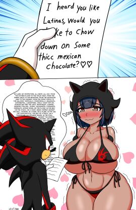 anthro big_breasts bikini blue_hair breasts brown_eyes calcia dark-skinned_female dark_skin female horny_face horny_female huge_breasts i_just_love_latinas_sonic sega shadow_the_hedgehog short_hair shortstack sonic_(series) sonic_team sonic_the_hedgehog_(series) soulkibble thicc thick_thighs